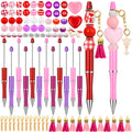 Vellibring 12 Set Valentines Day Beadable Pens, Diy Bead Pens Bulk Plastic Bead Pens With Colorful Crystal Wooden Beads Pendants
