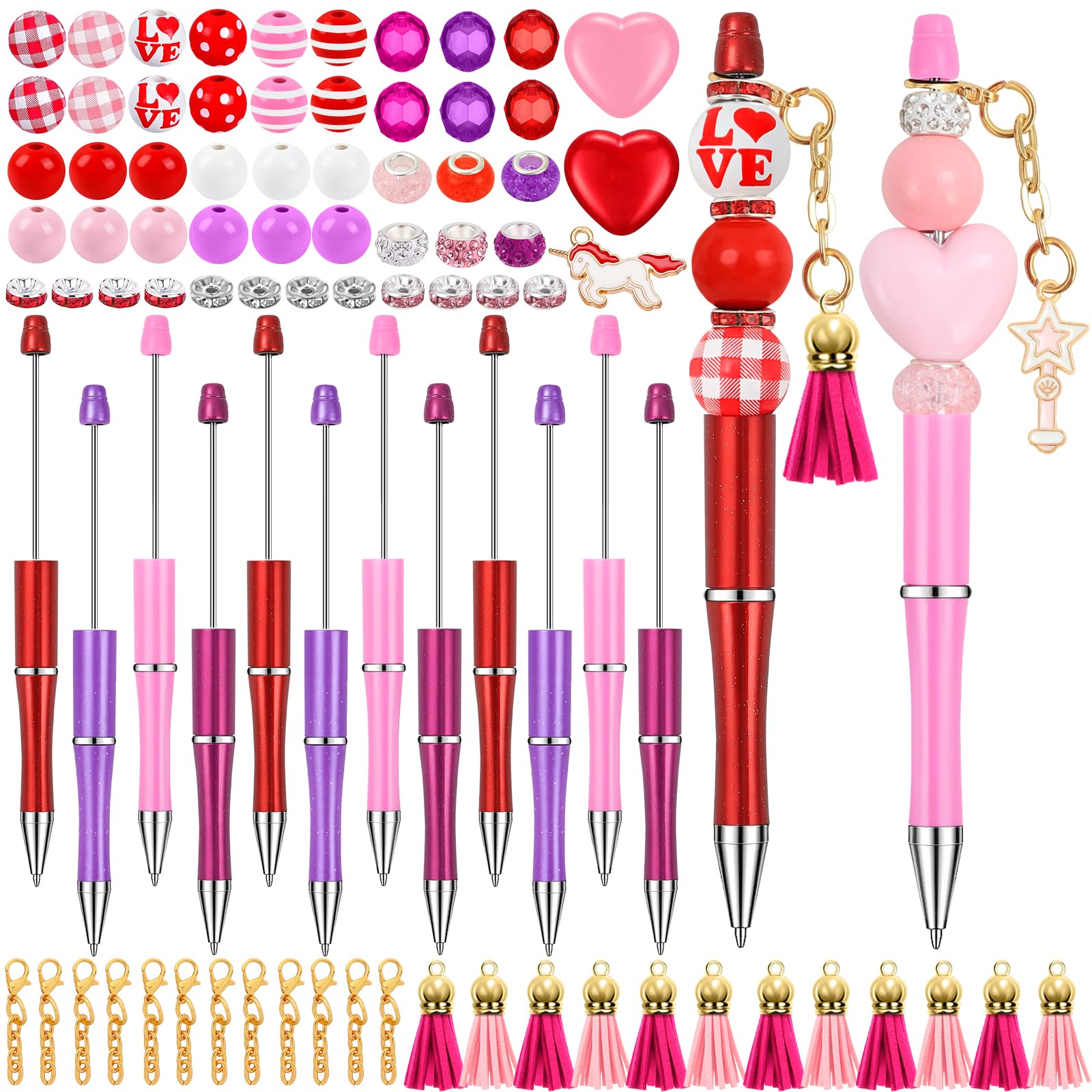 Vellibring 12 Set Valentines Day Beadable Pens, Diy Bead Pens Bulk Plastic Bead Pens With Colorful Crystal Wooden Beads Pendants