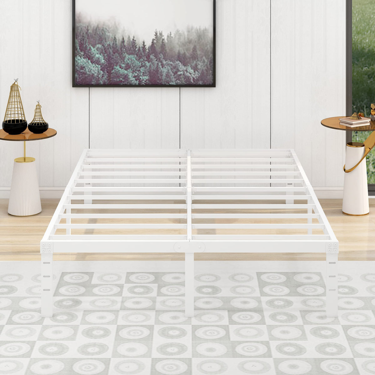Alazyhome Full Size Bed Frame 14 Inch Metal Platform Bed Frame Heavy Duty Steel Slats Support No Box Spring Needed Noise-Free Easy Assembly White