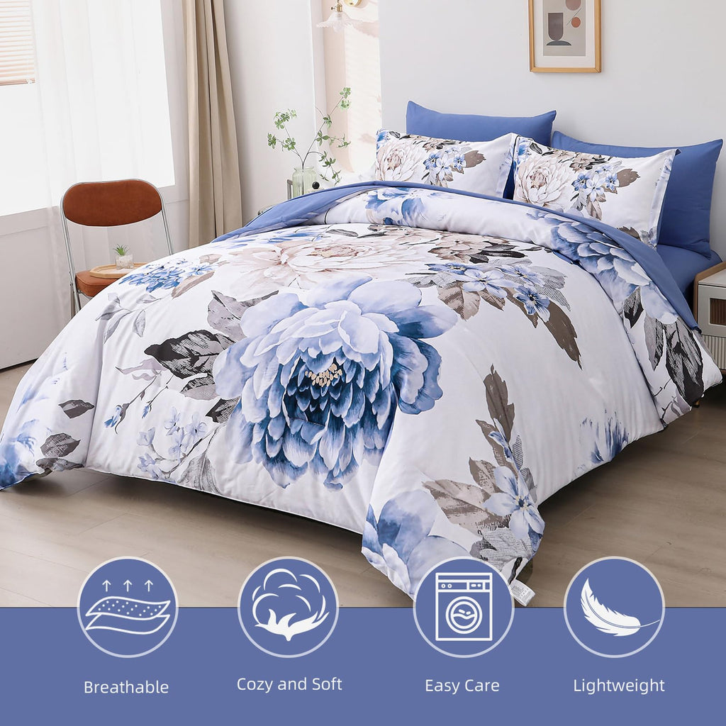 Dintszyayue Floral Comforter Set King 7 Pieces Blue Bed In A Bag Elegant Flower Bedding Sets Lightweight Complete Bed Comforter