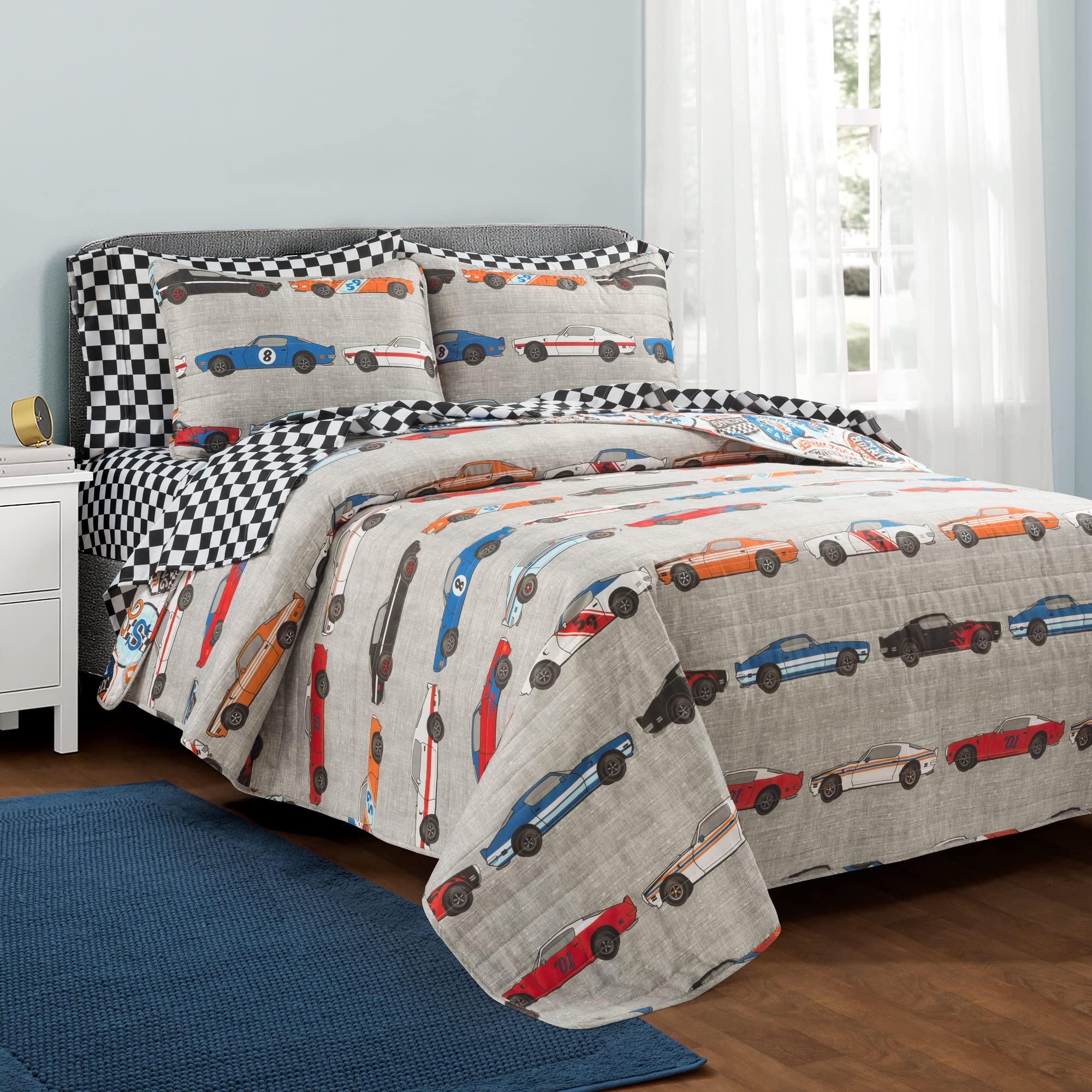 Lush Decor Race Car Kids' 5-Piece Oversized Quilt Bed Set, Reversible Bedding Set For Boys, Blue & Orange, Twin