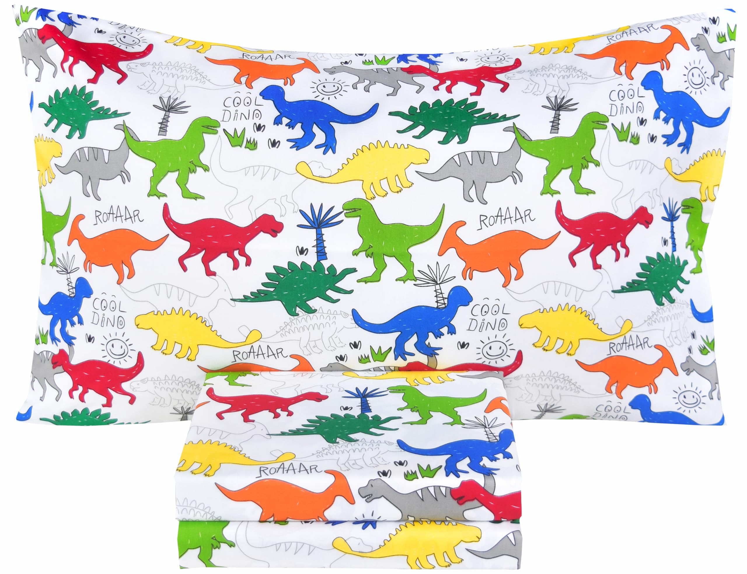 Scientific Sleep Colorful Dinosaur Cute Fun 100% Cotton Cozy Twin Bed Sheet Set, Flat Sheet & Fitted Sheet & Pillowcase Kids Boy