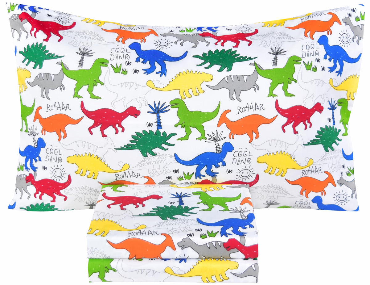 Scientific Sleep Colorful Dinosaur Cute Fun 100% Cotton Cozy Twin Bed Sheet Set, Flat Sheet & Fitted Sheet & Pillowcase Kids Boy
