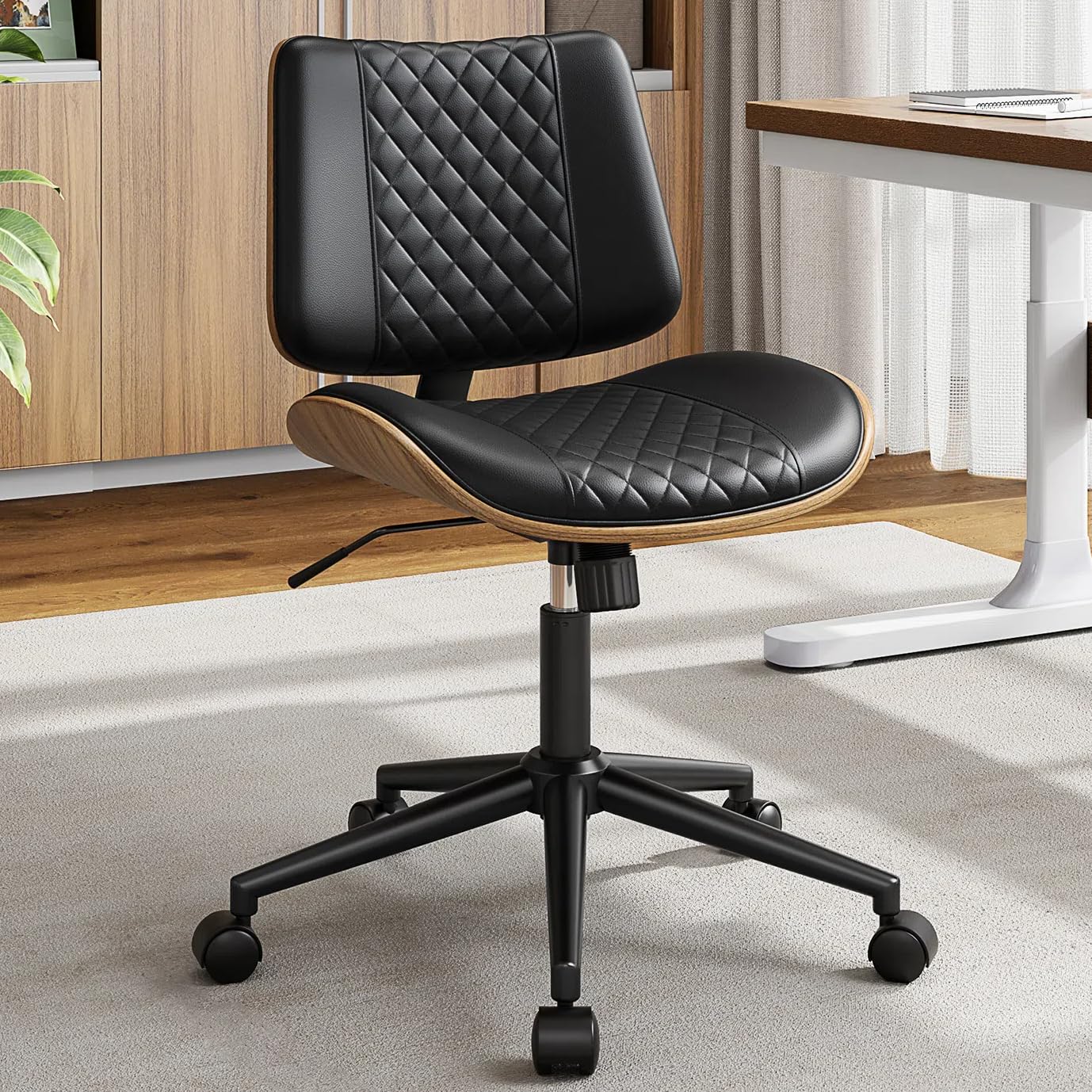 Yafiti Home Office Chair With Wheels, Armless Desk Chair Adjustable Height With Lumbar Support, Swivel Rolling, Modern Walnut Ba