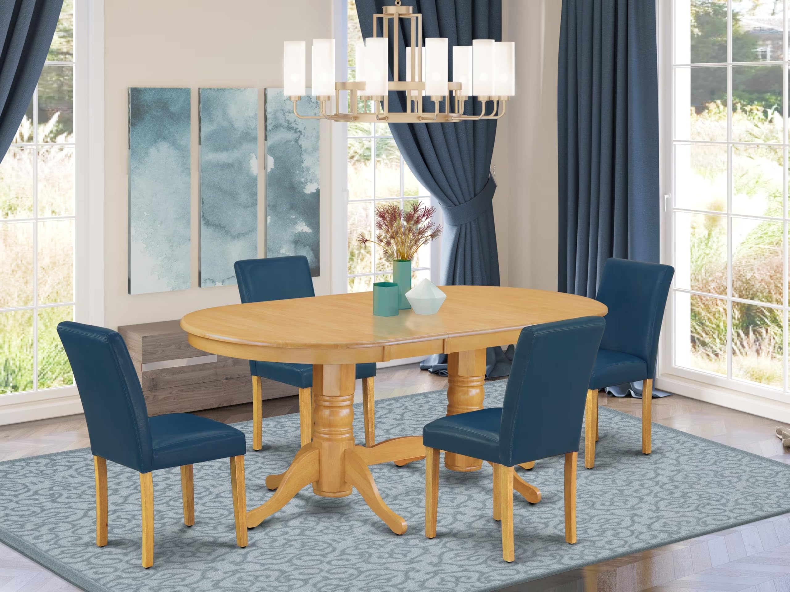 East West Furniture Vaab5-Oak-55 5 Piece Dining Table Set Includes An Oval Dining Room Table With Butterfly Leaf And 4 Oasis Blue Faux Leather Parsons Chairs, 40X76 Inch, Oak