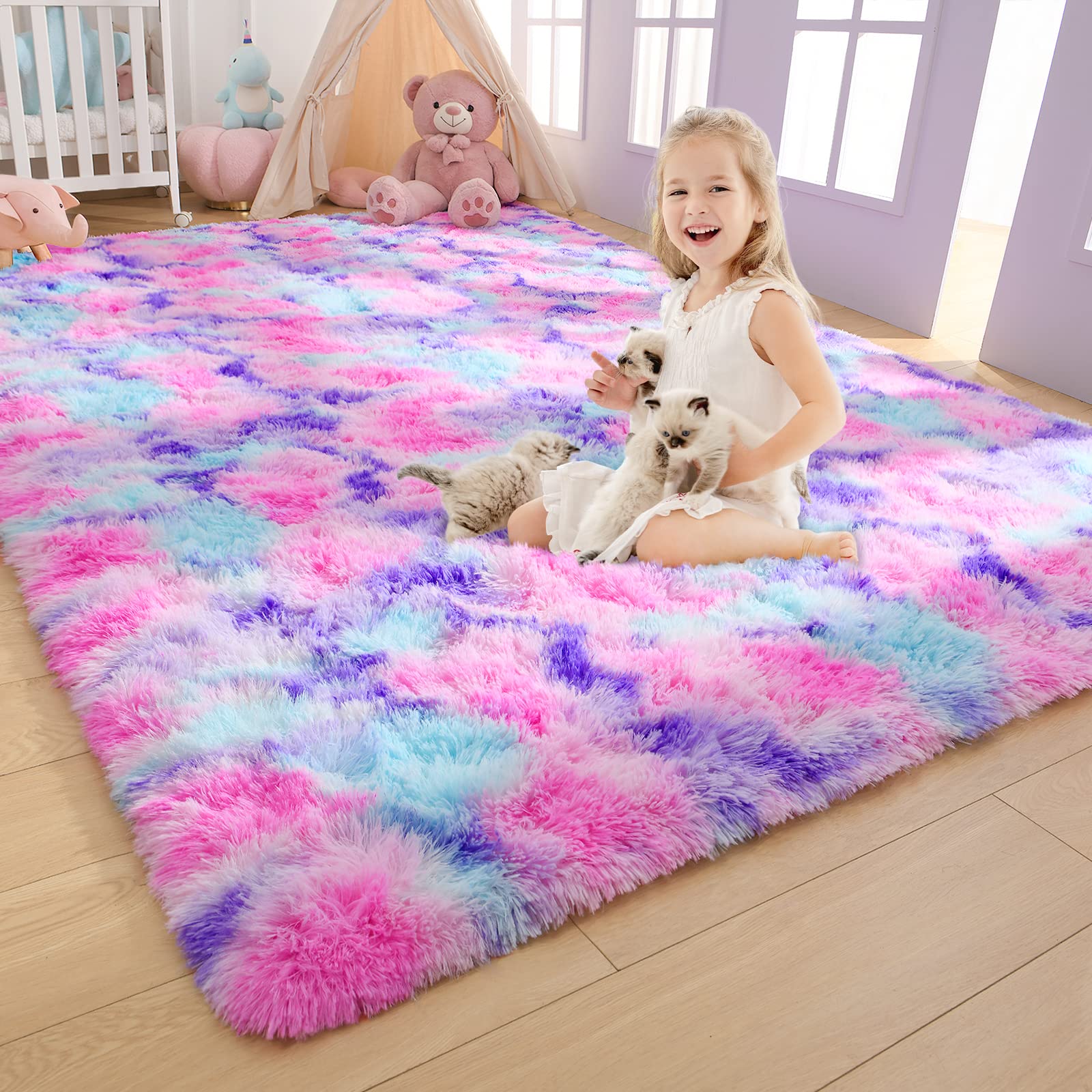 Arogan Soft Rainbow Area Rugs For Girls Room 6X9 Feet, Fluffy Girls Bedroom Rugs, Princess Rug, Cute Colorful Carpet For Kids Te
