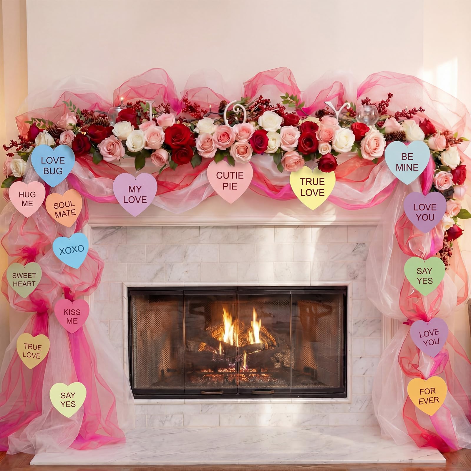 BrightRow 29.53 ft Valentines Day Garland with Heart Cards Valentines Day Decoration Red Pink White Organza Garland Love You Por
