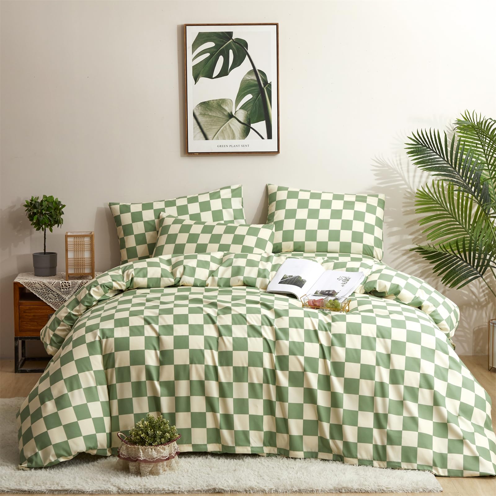 Houseri Green and White Plaid Comforter Set California King Sage Green Buffalo Checkered Bedding Comforter Sets Cal King Light G
