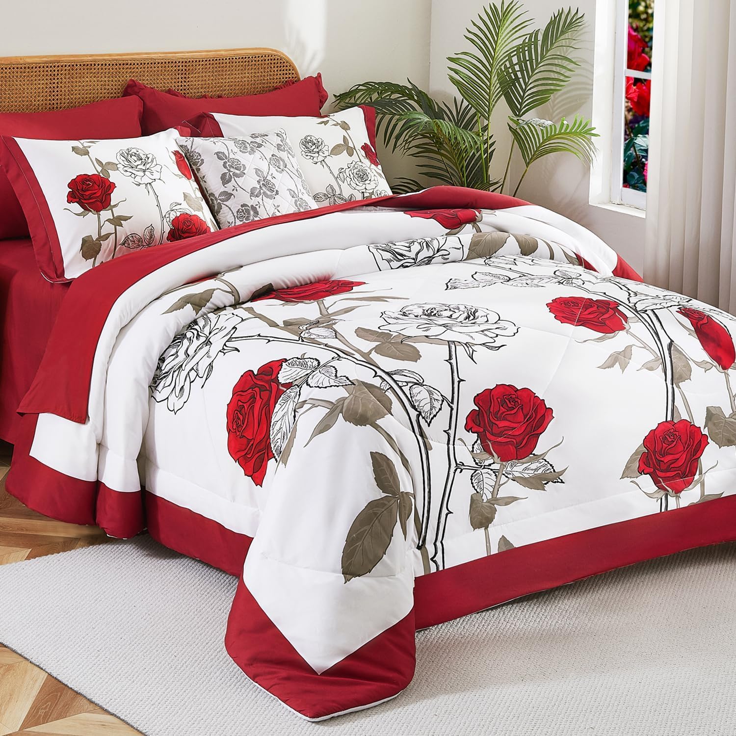 Evenhug King Comforter Set 7 Pieces Reversible King Size Comforters For All Season Red Rose Floral Bedding Sets Bed In A Bag Wit