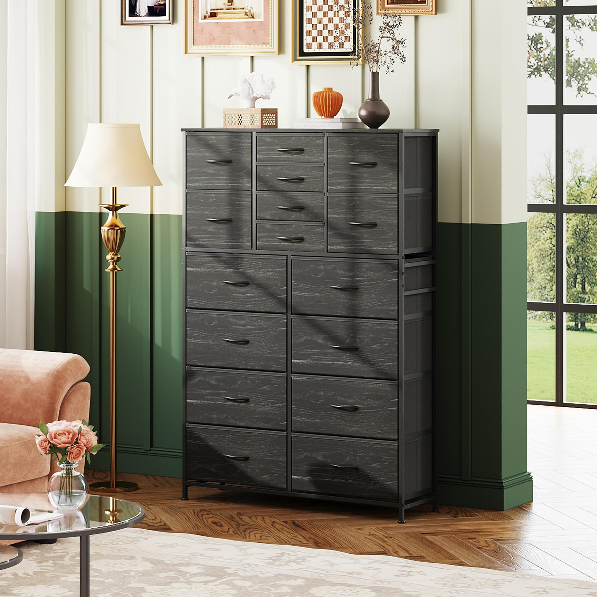Wlive 16 Drawers Dresser, Tall Dresser For Bedroom, Closet, Hallway, Storage Dresser Organizer Unit, Large Dressers & Chests Of Drawers With Fabric Bins, Charcoal Black Wood Grain Print