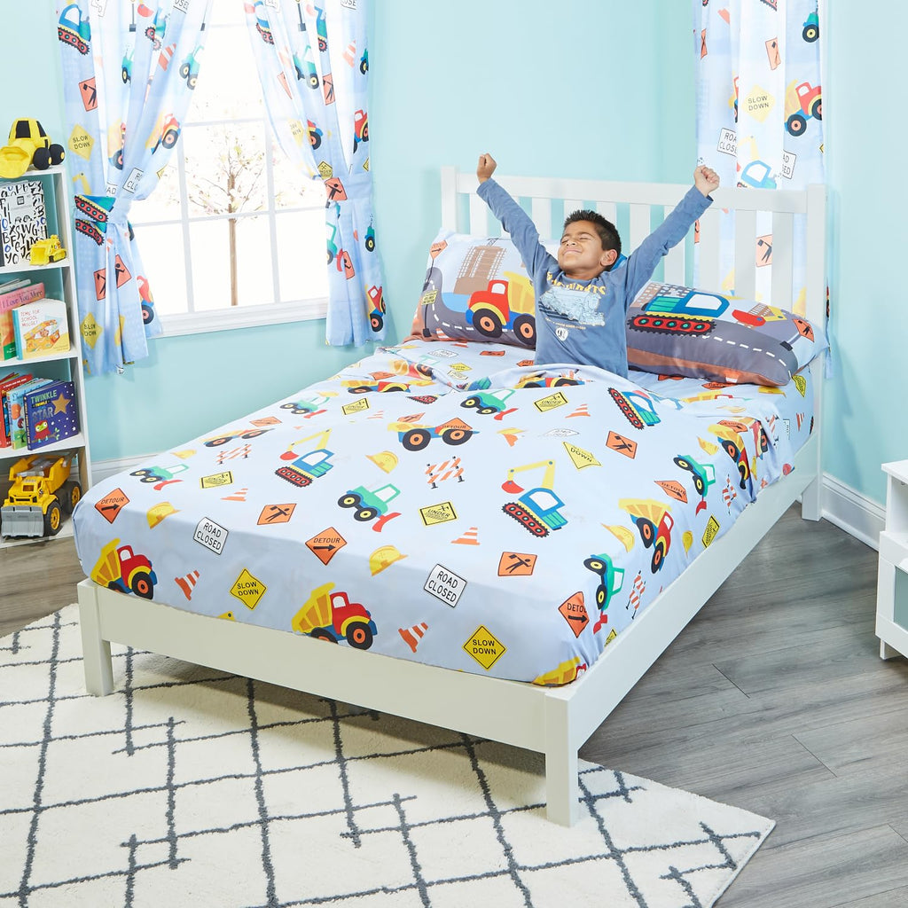 EVERYDAY KIDS Construction Full Size Bed Sheet Set - 4-Piece with Bulldozers & Dump Trucks, Includes Flat, Fitted Sheets & 2 Pillowcases