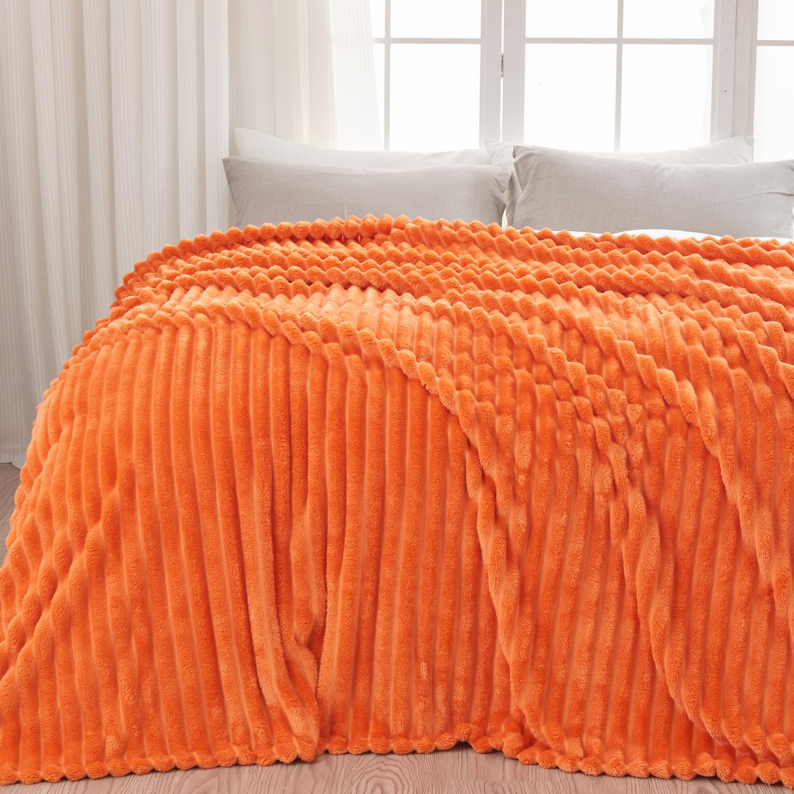 Newcosplay Super Soft Fall King Blanket Orange Premium Silky Flannel Fleece 3D Ribbed Jacquard Lightweight Bed Blanket All Seaso