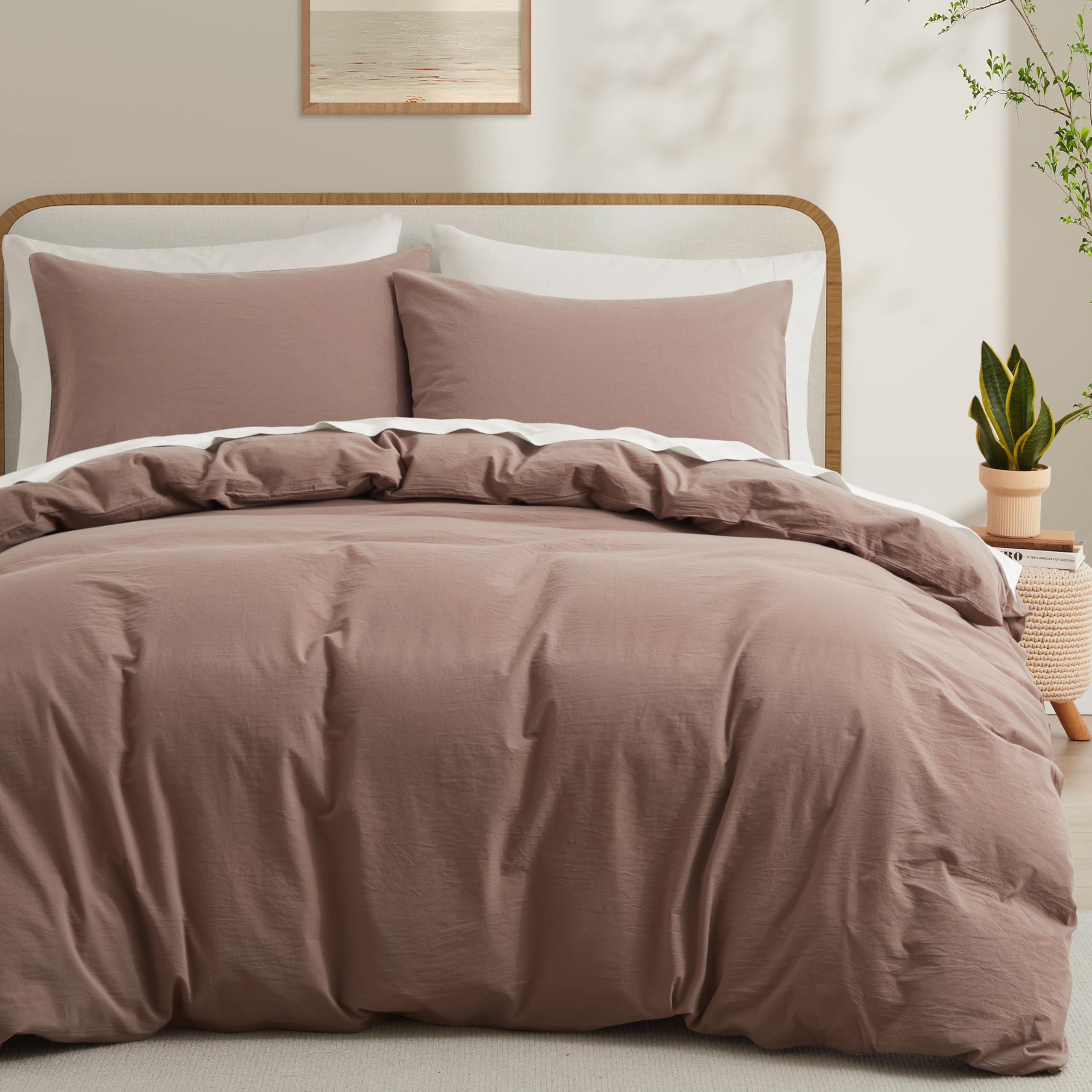 Lovque Mauve Brown Duvet Cover Full Size, 100% Washed Cotton Linen Like Bedding Set With Zipper Closure (No Comforter), 80X90 In