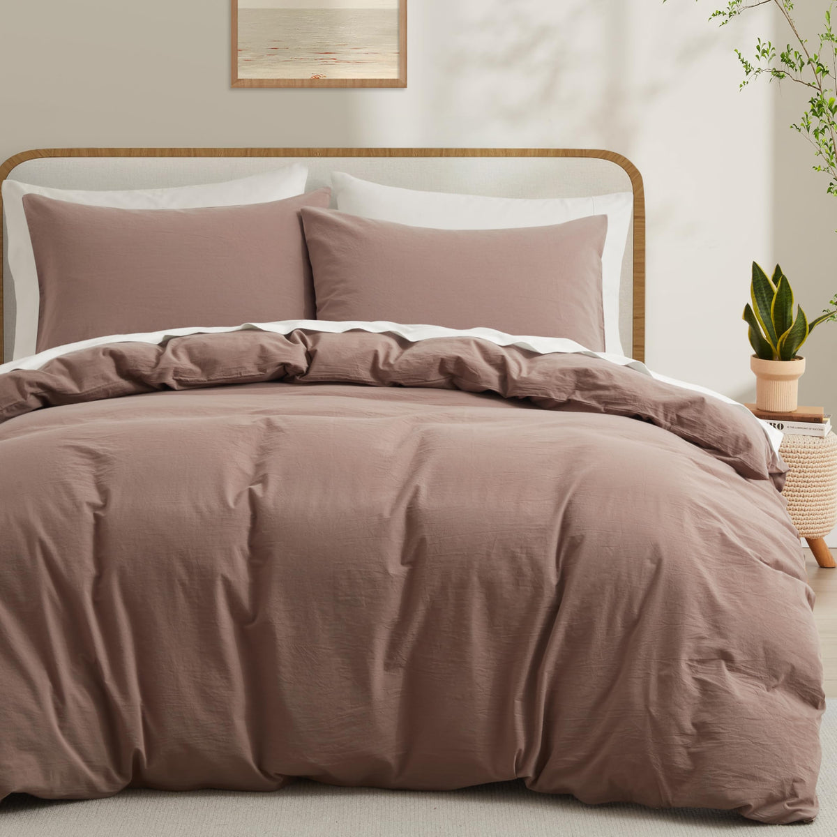Lovque Duvet Cover Twin Size, 100% Washed Cotton Linen Like Bedding Set With Zipper Closure (No Comforter), 68X90 Inches, Mauve