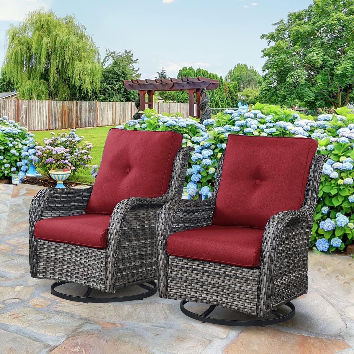 Hummuh Outdoor Swivel Rocker Wicker Patio Chairs Set Of 2, Rattan Rocking Chair Furniture Set(Grey,Red)