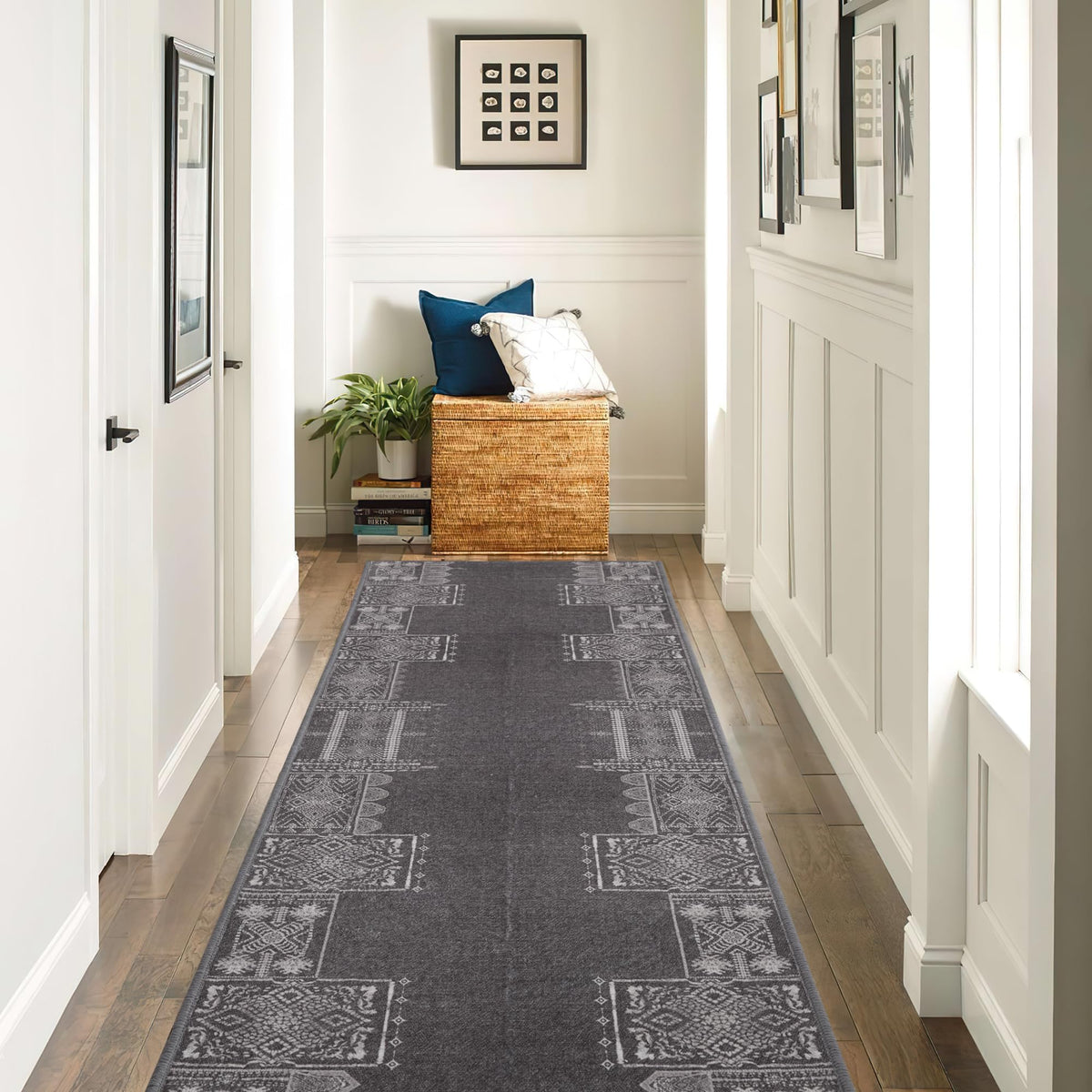 NICETOWN Grey Entryway Rug Runner Grey, 2x8 Hallway Grey Runner Rugs with Rubber Backing, Ultra-Thin Foldable Bathroom Runner Bo