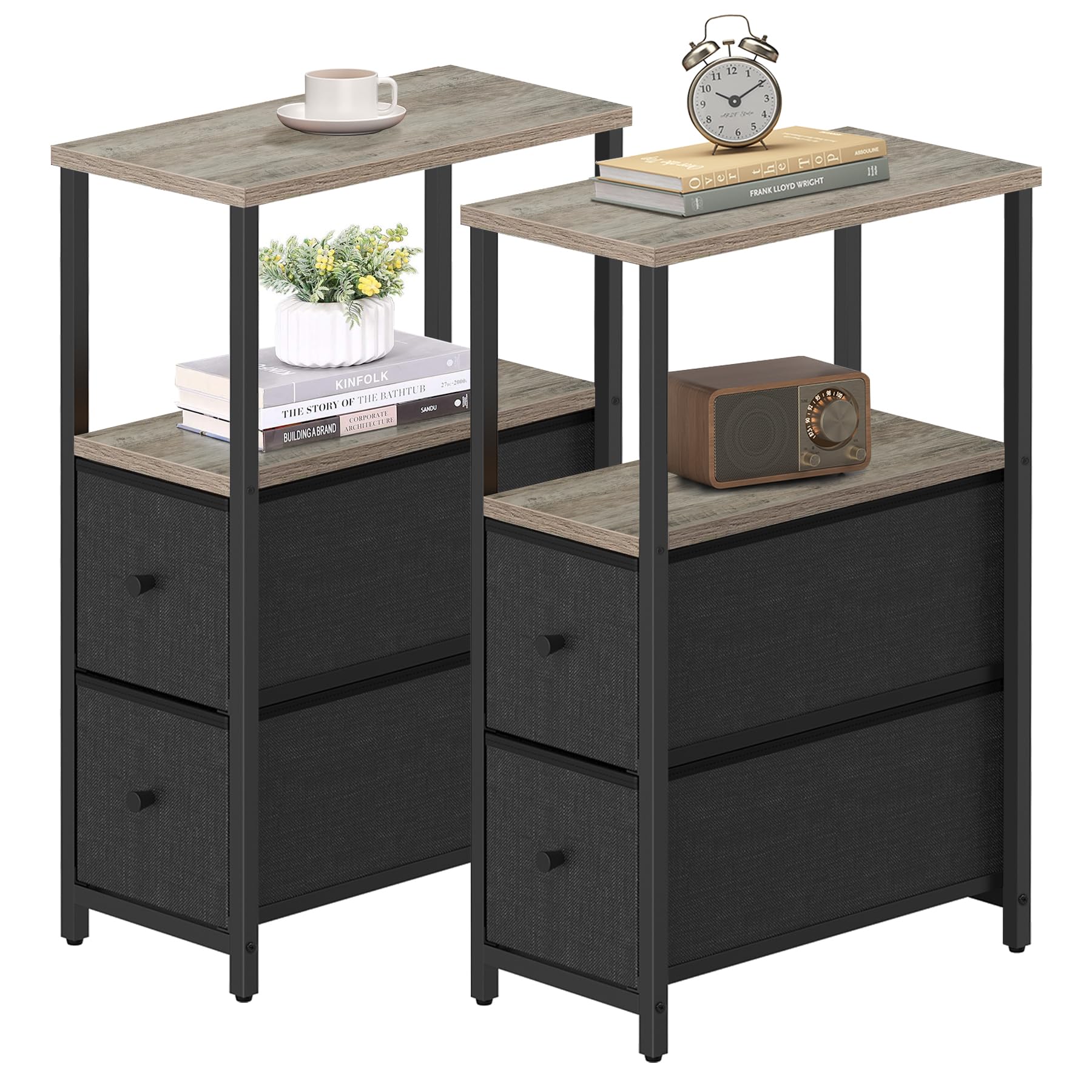 Tutotak Small Narrow End Table, Set Of 2, Side Table, Nightstand With 2 Cloth Drawers, Couch Table, For Living Room, Bedroom, Bedside, Greige Tb01Bg054