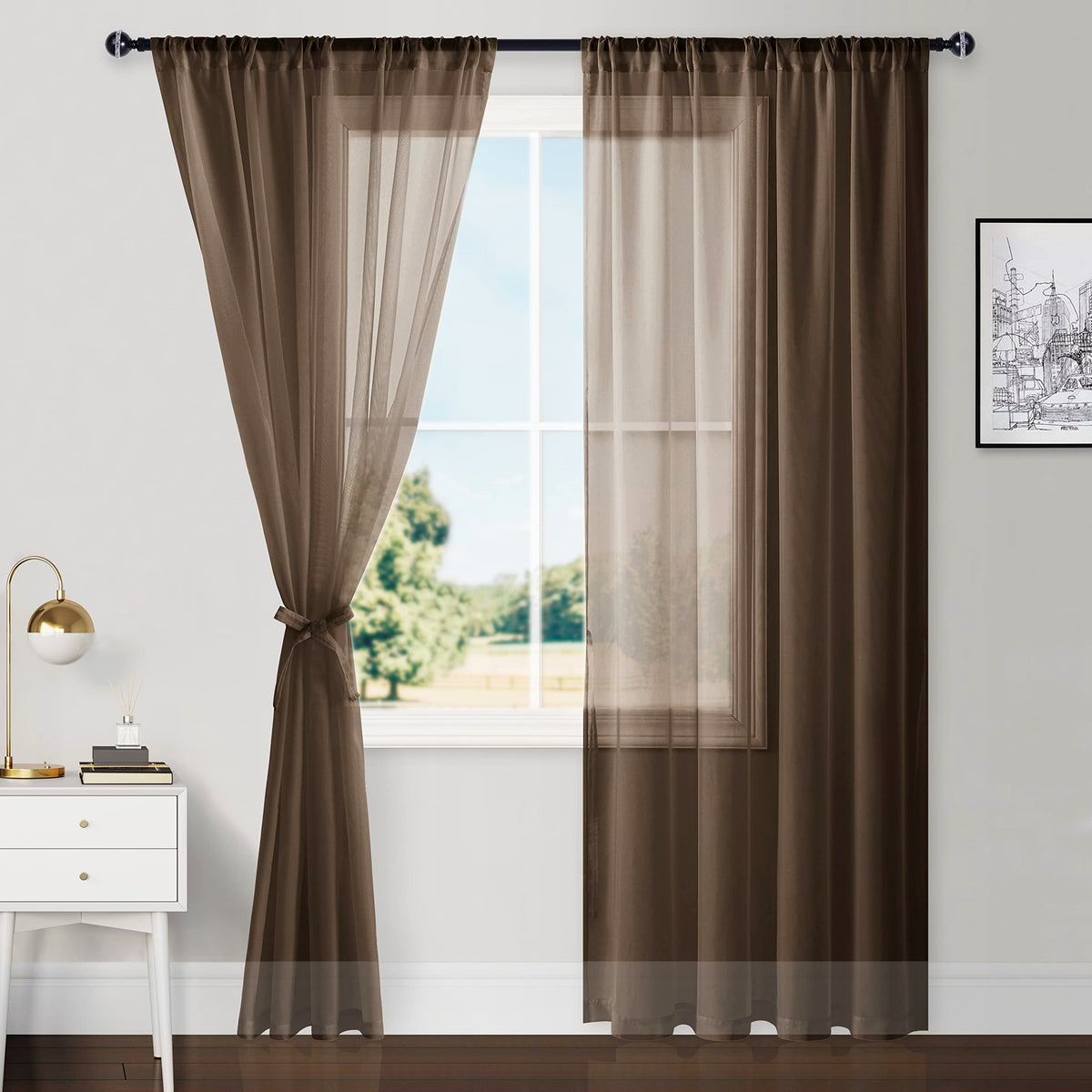 Hiasan Brown Sheer Curtains 84 Inches Long With Tiebacks, Light Filtering Voile Drapes Rod Pocket Window Curtains For Bedroom, L