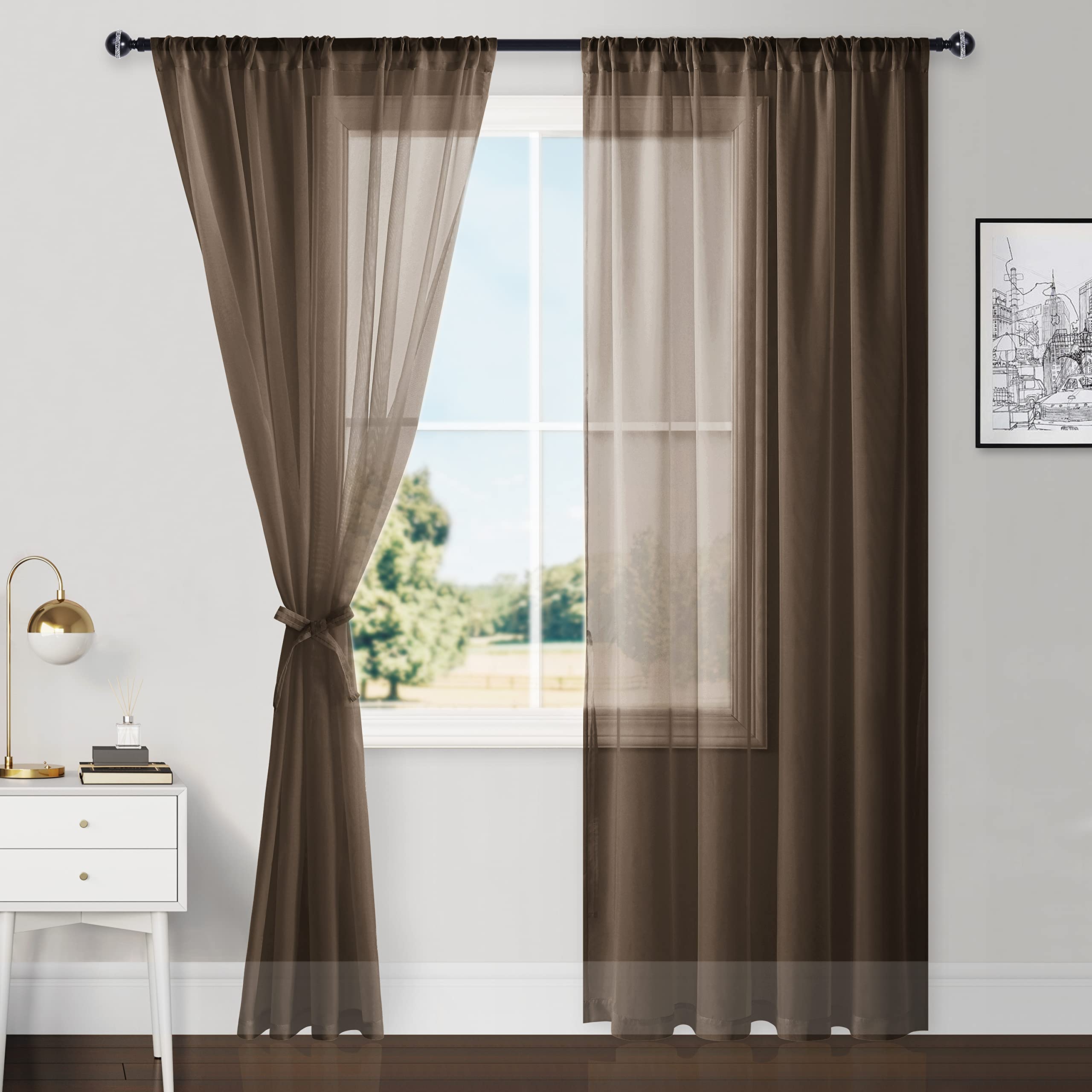 Hiasan Brown Sheer Curtains 84 Inches Long With Tiebacks, Light Filtering Voile Drapes Rod Pocket Window Curtains For Bedroom, L