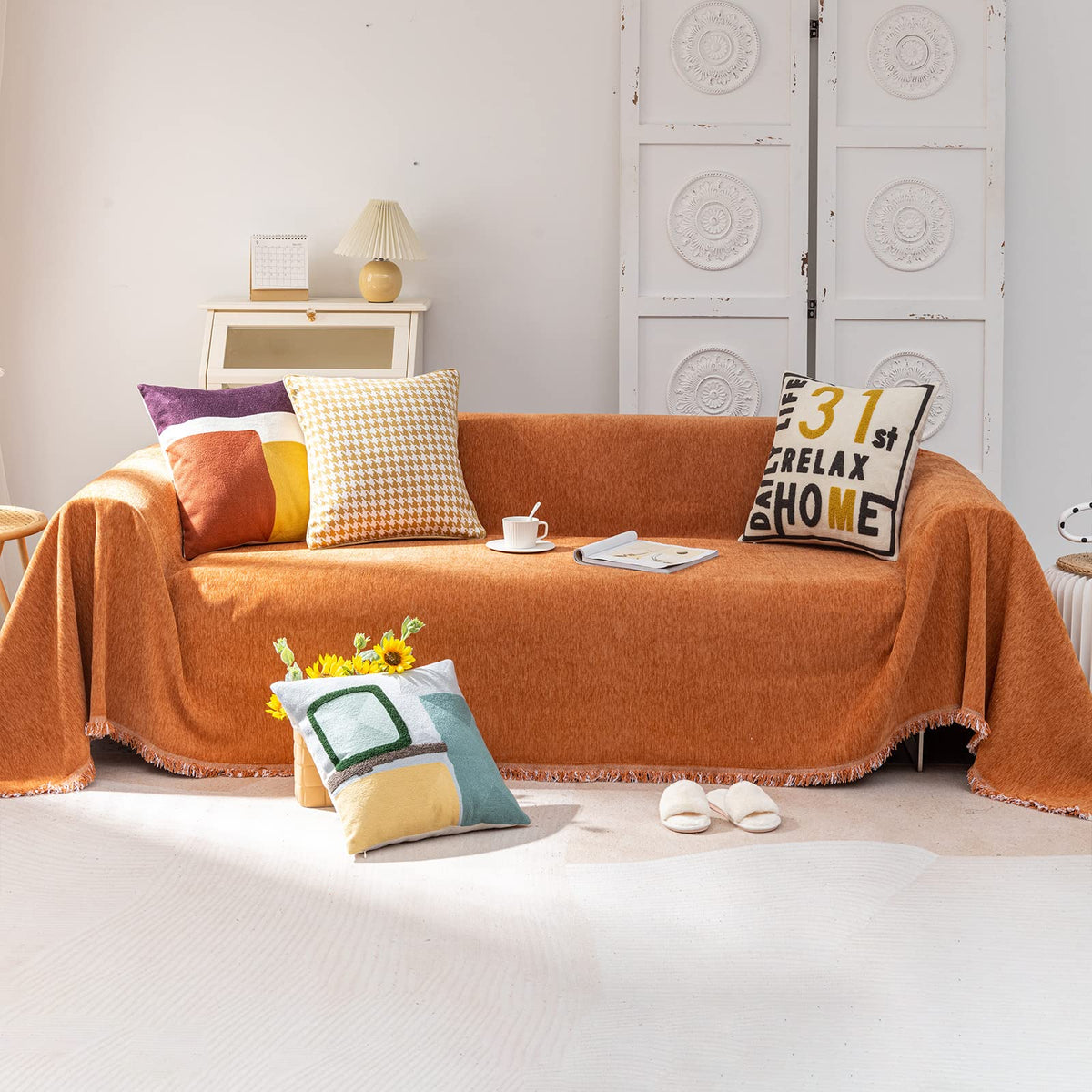 Vclife Boho Couch Cover For 2 Cushion Couch Sofa Pet Friendly Caramel Pumpkin Sofa Couch Cover For L Shape Couch, Thick Non Slip
