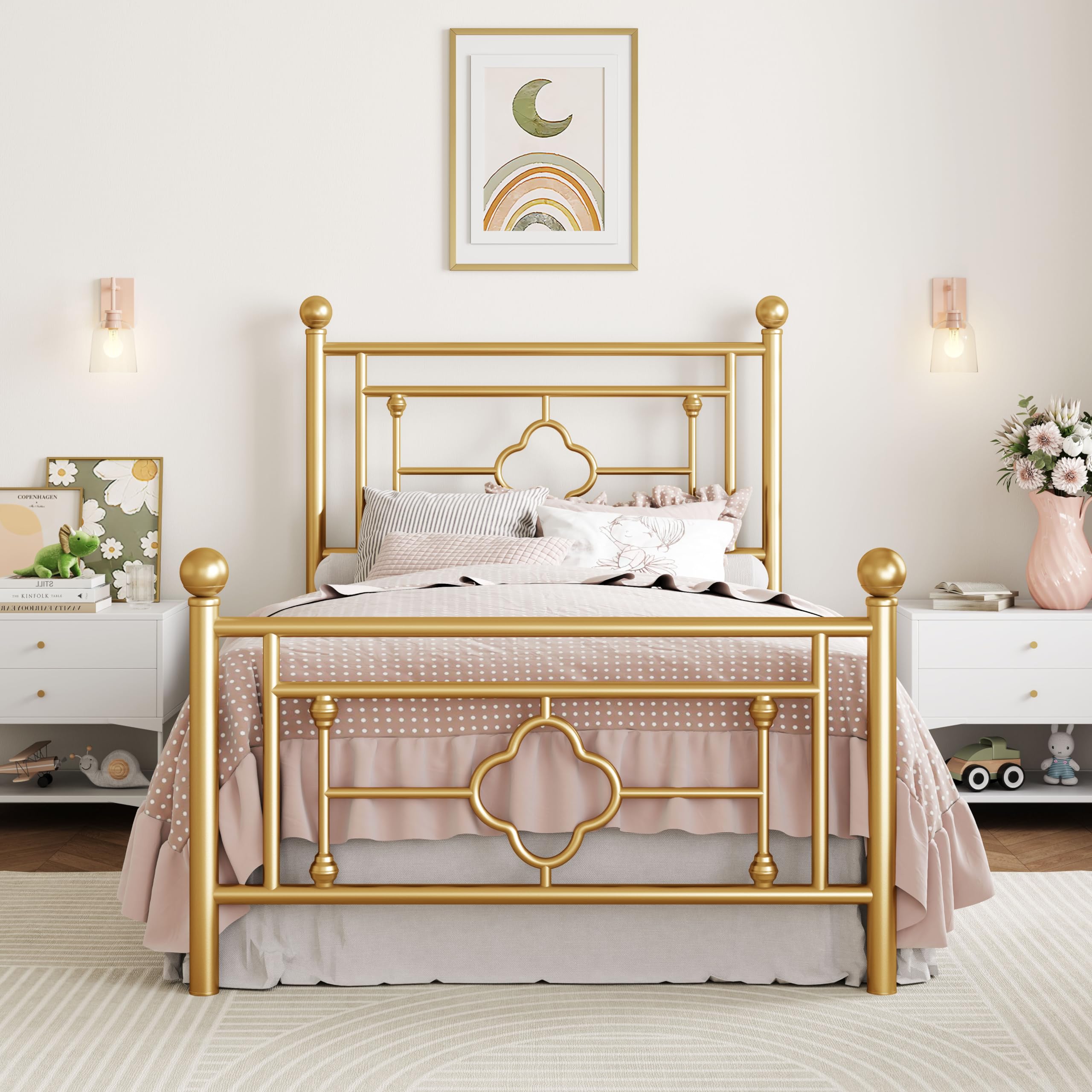 Sha Cerlin 14 Inches Twin Size Metal Platform Bed Frame/Vintage Iron-Art Headboard And Footboard/Mattress Foundation/No Box Spring Needed/Noise-Free/Easy Assembly/Gold