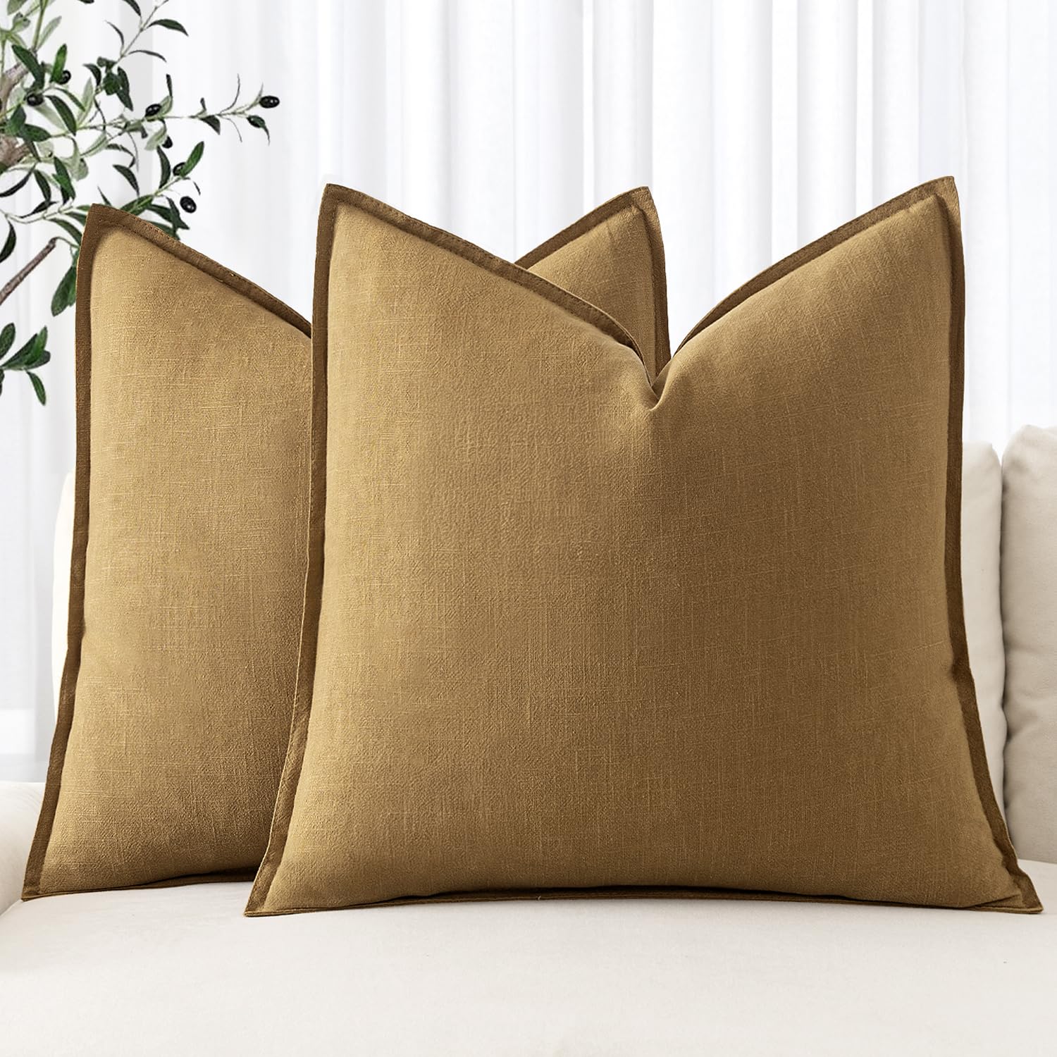 Miulee Linen Pillow Covers 24X24 Inch Mustard Yellow ?Decorative Boho Farmhouse? ?Neutral Throw Pillows Pack Of 2 Soft Accent Couch Pillowcases Spring Modern Home Decor For Sofa Cushion Livingroom Bed