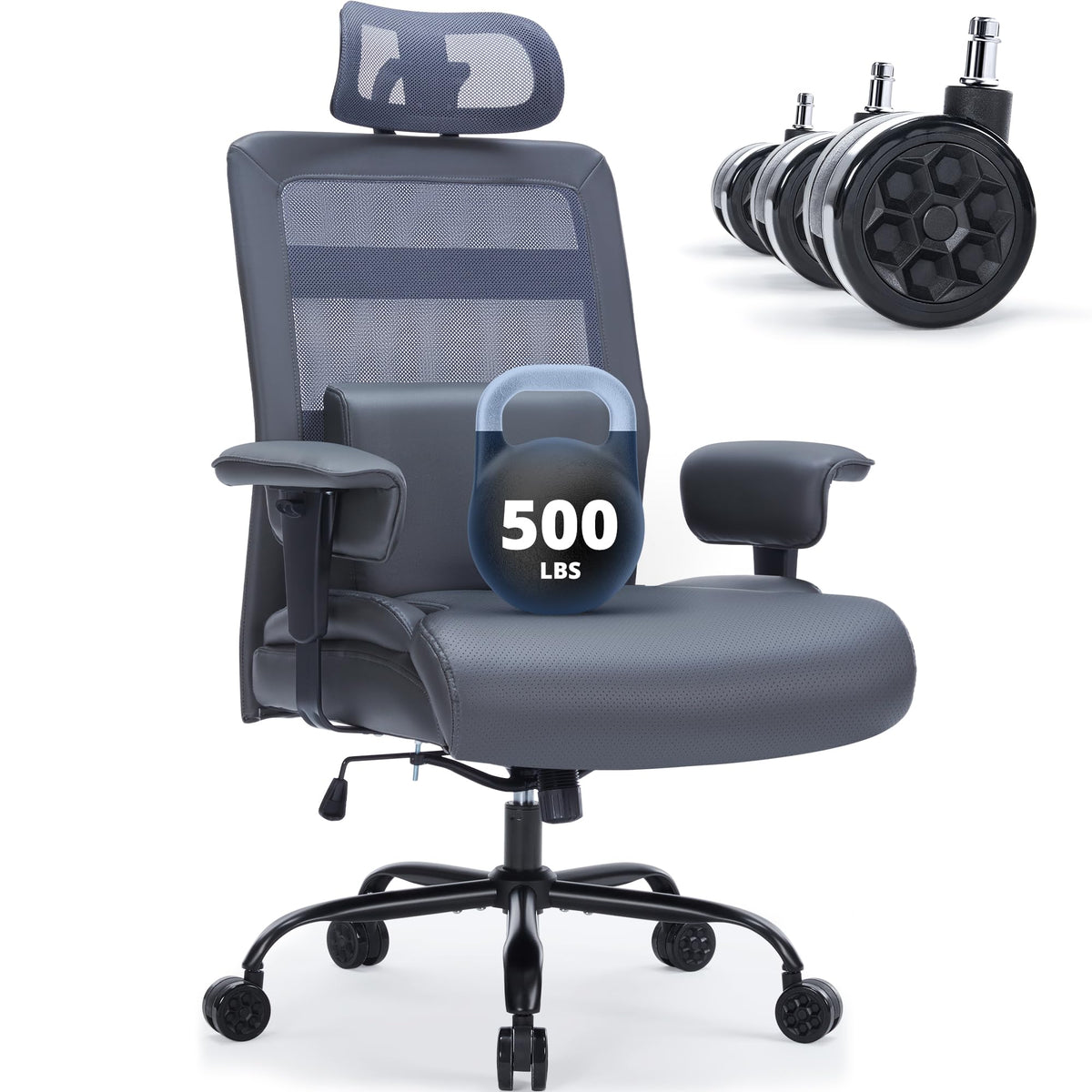 500 Lbs Big And Tall Office Chair, Plus Size Computer Chair With Extra Wide Seat Large Wheels, Heavy Duty Executive Office Chair
