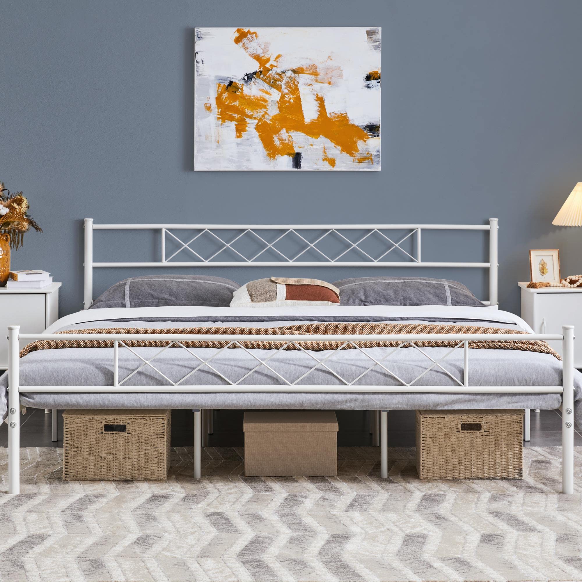 Yaheetech Metal Platform King Bed Frame Mattress Foundation with Headboard and Footboard No Box Spring Needed Under Bed Storage 