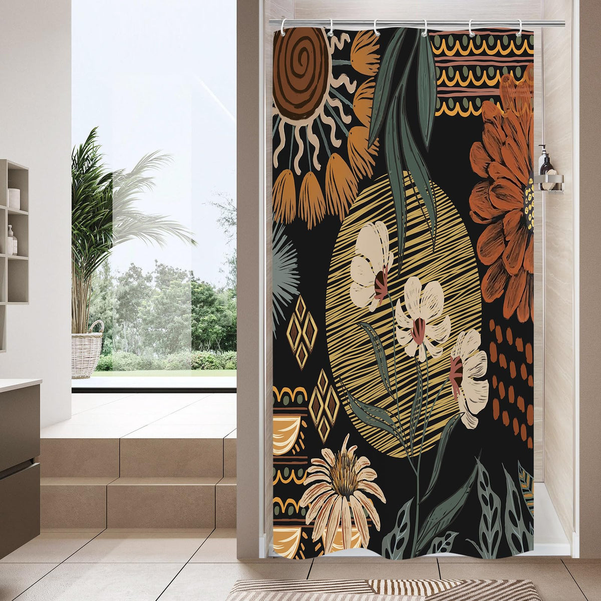 Mitovilla Boho Floral Small Stall Shower Curtain 36 X 72, Abstract Flower Narrow Half Size Chic Shower Curtains For Retro Bathro