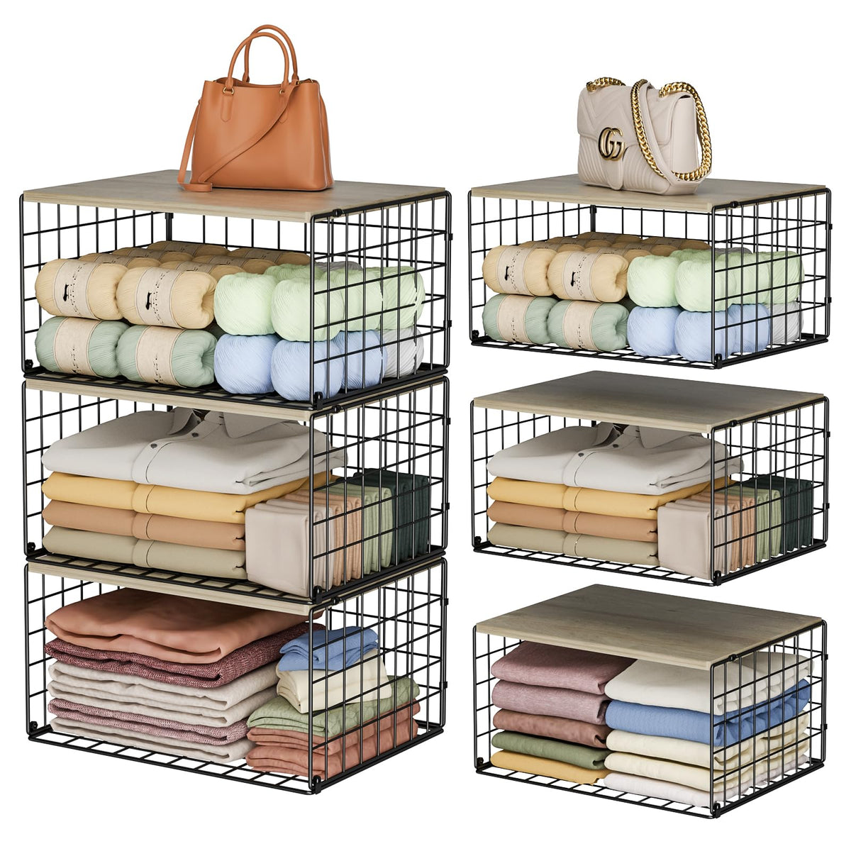 ExtraLong, LowProfile Closet Organizers and Storage with Wood Top, 3 Pack Stackable Closet Shelf Organizer, SpaceSaving Cloth