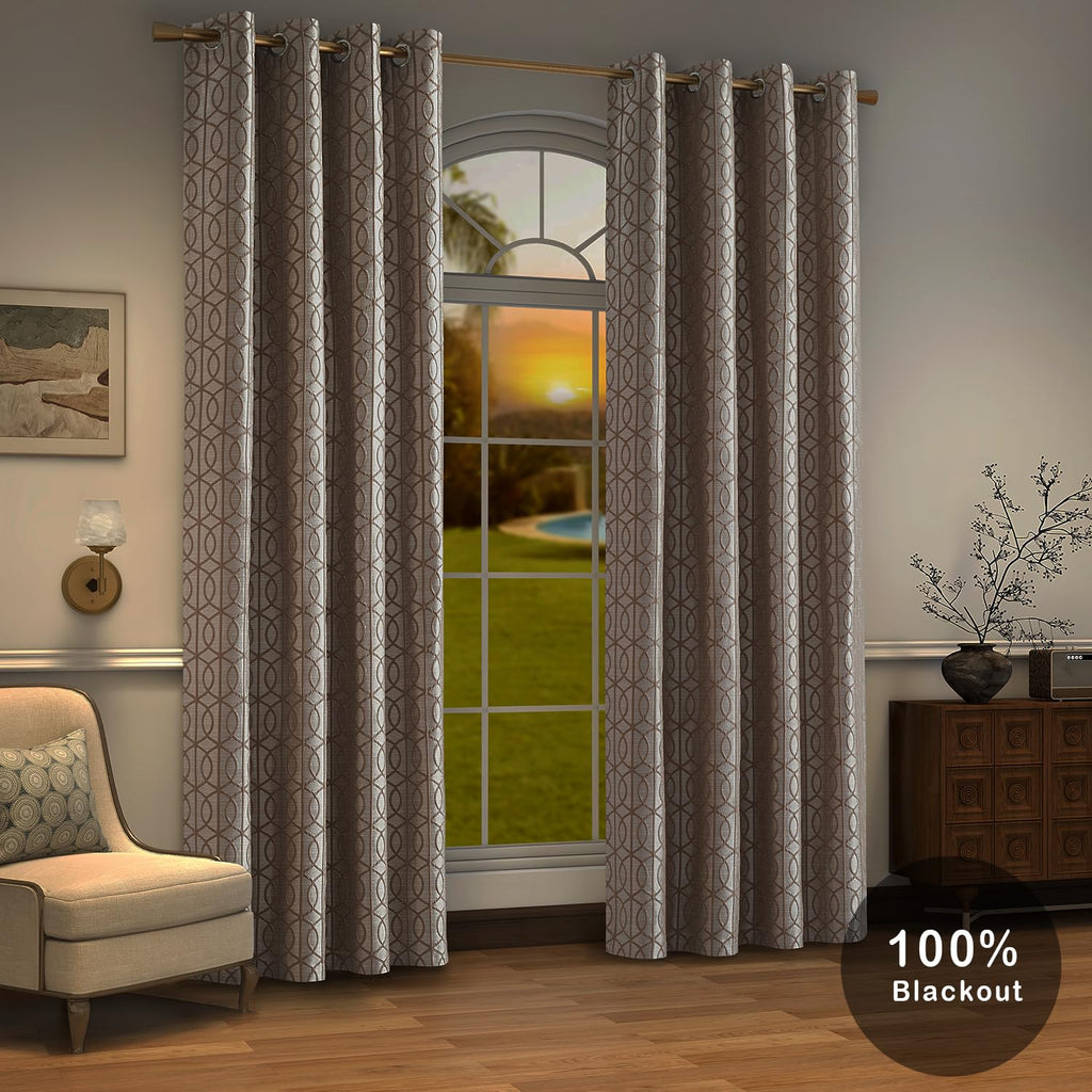 Light Khaki And Silvery 100% Blackout Curtains 84 Inch Length 2 Panels, Jacquard Thermal Insulated Noise Reducing Grommet Drapes