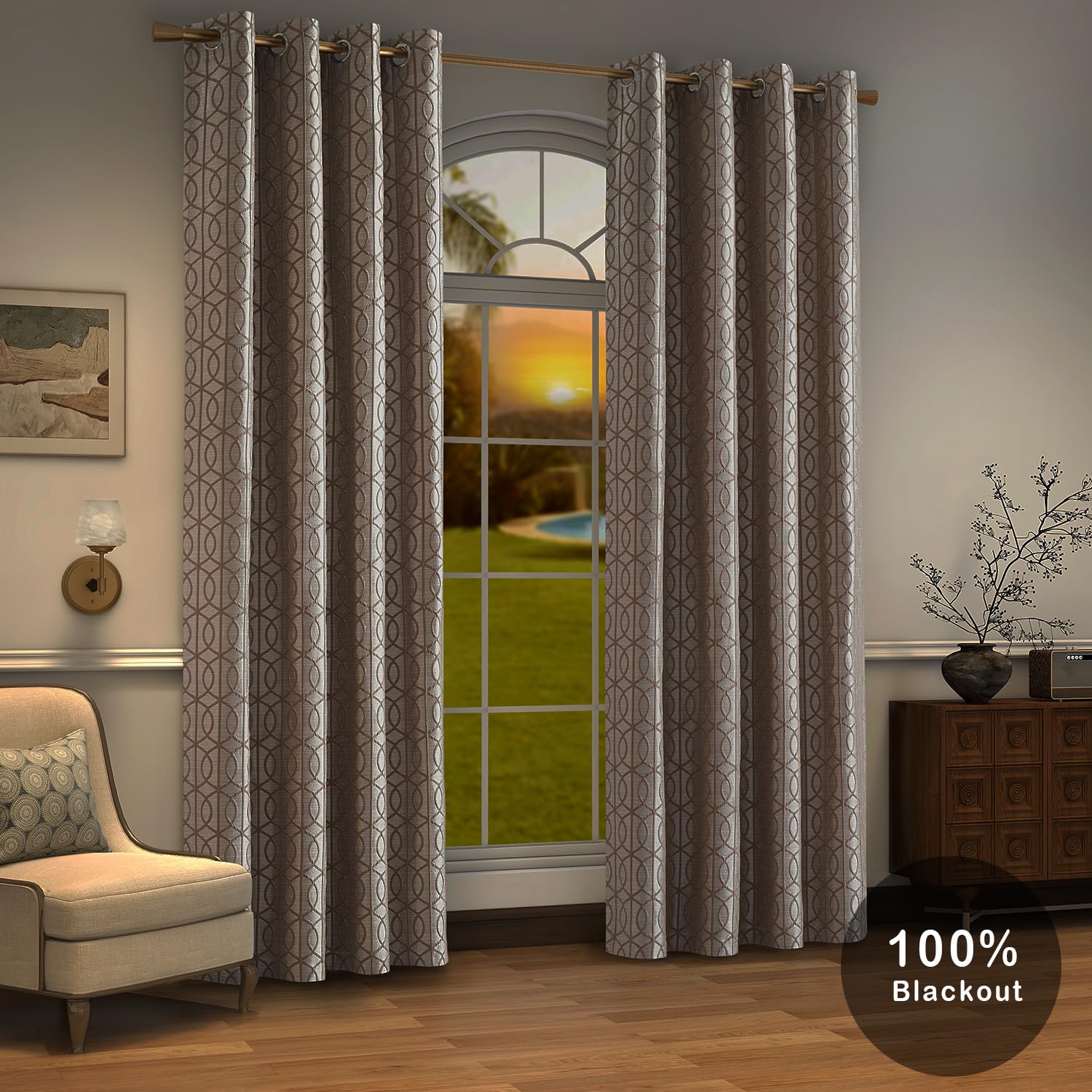 Light Khaki And Silvery 100% Blackout Curtains 84 Inch Length 2 Panels, Jacquard Thermal Insulated Noise Reducing Grommet Drapes