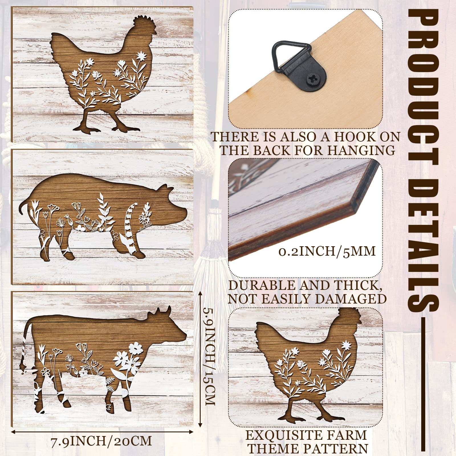 Jetec 3 Pieces Farmhouse Kitchen Signs Cow Rooster And Pig Decors 7.9 X 5.9 Inch Rustic Wooden Signs Country Wall Decorations Fo
