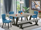 East West Furniture V697Si121-6 6 Piece Modern Dining Table Set Contains A Rectangle Wooden Table With V-Legs And 4 Blue Linen Fabric Parson Chairs With A Bench, 40X72 Inch, Multi-Color