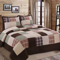 Cozy Line Home Fashions Brody Farmhouse Chocolate Plaid Striped Real Patchwork Reversible Quilt Bedding Set, Coverlet Bedspread