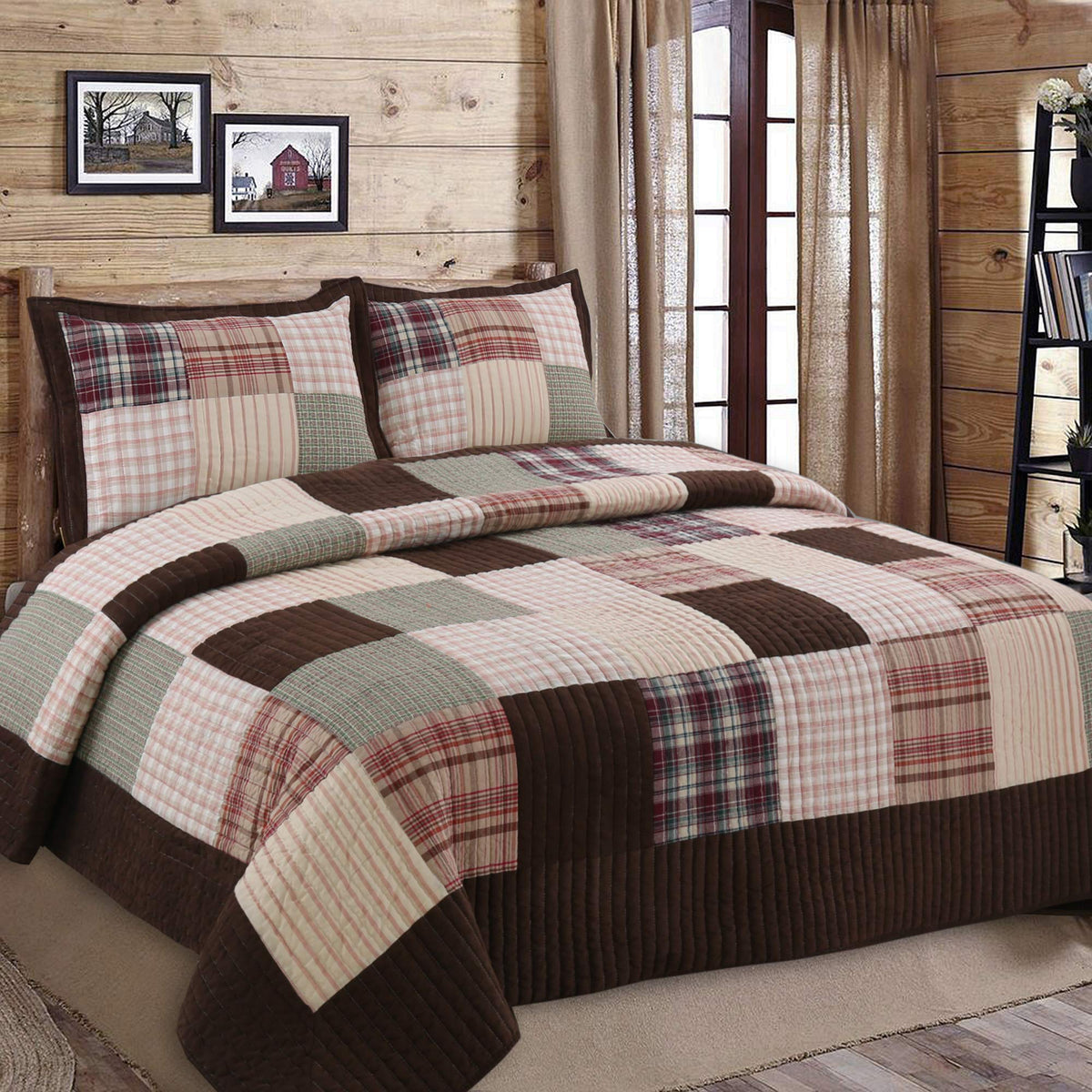 Cozy Line Home Fashions Brody Farmhouse Chocolate Plaid Striped Real Patchwork Reversible Quilt Bedding Set, Coverlet Bedspread