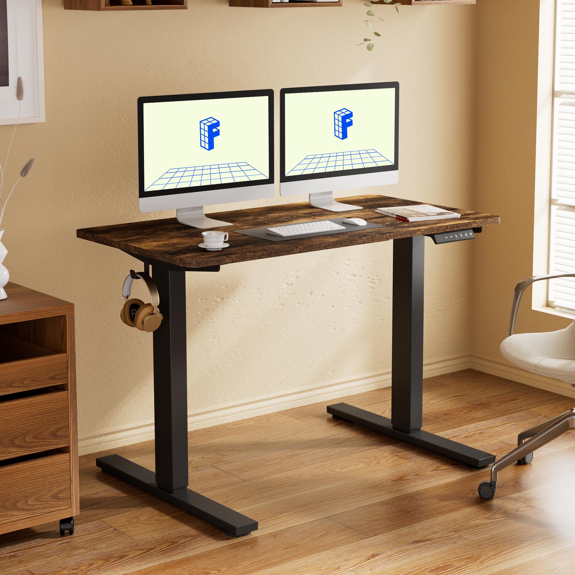 Flexispot Adjustable Desk, 55X28 Electric Standing Desk Sit Stand Desk Whole-Piece Desk Board For Home Office (Black Frame + Rustic Top, 2 Packages)