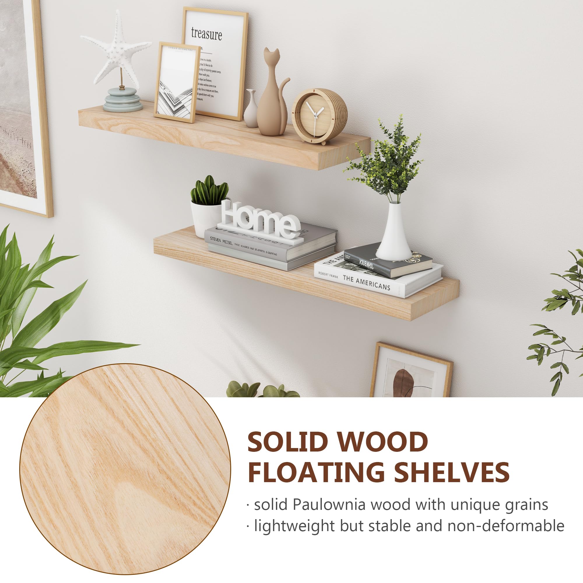 Fuqing Natural Wood Floating Shelves For Wall, 30 Inch Wood Floating Shelves Set Of 2, Natural Wooden Wall Shelves For Living Room Bedroom Home Office - Natural
