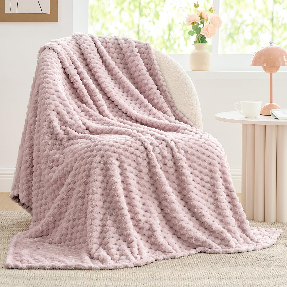 Bedelite Fleece Throw Blanket For Couch & Bed - 3D Jacquard Decorative Lotus Pink Blanket, Super Soft And Cozy Warm Fuzzy Blanke