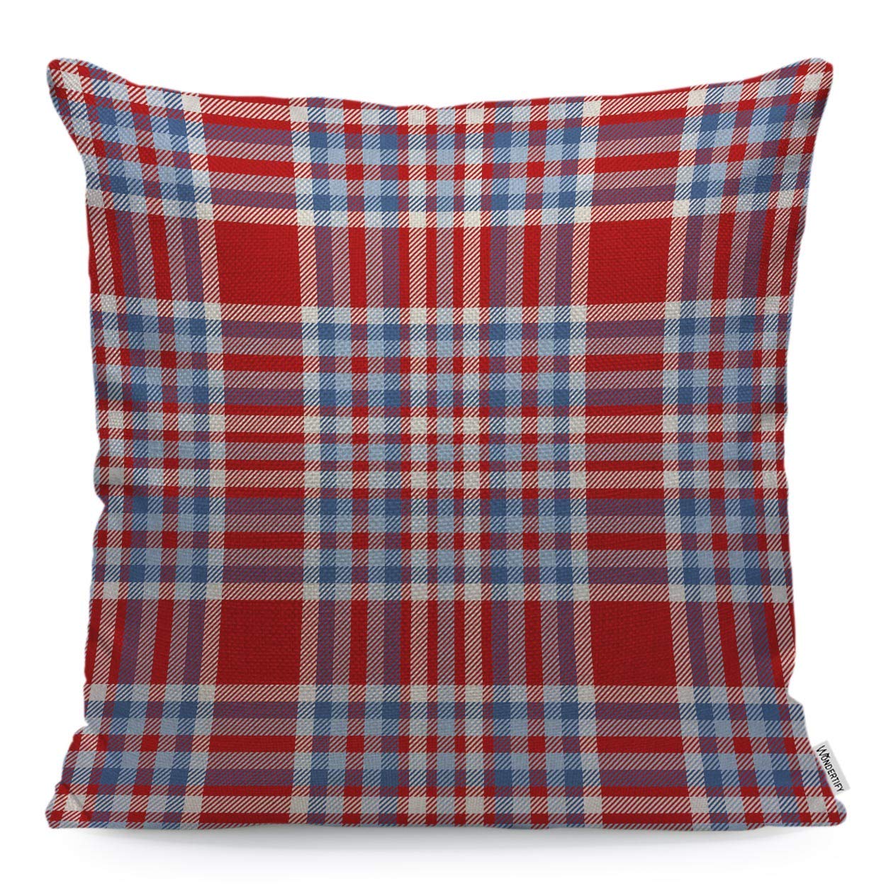Wondertify Throw Pillow Case Cover Tartan Plaid Pattern Checkered Fabric Texture Moderate Light Blue White And Bright Red Soft Linen Pillow Case For Bedroom/Livingroom/Sofa Cushion Covers 18X18 Inch