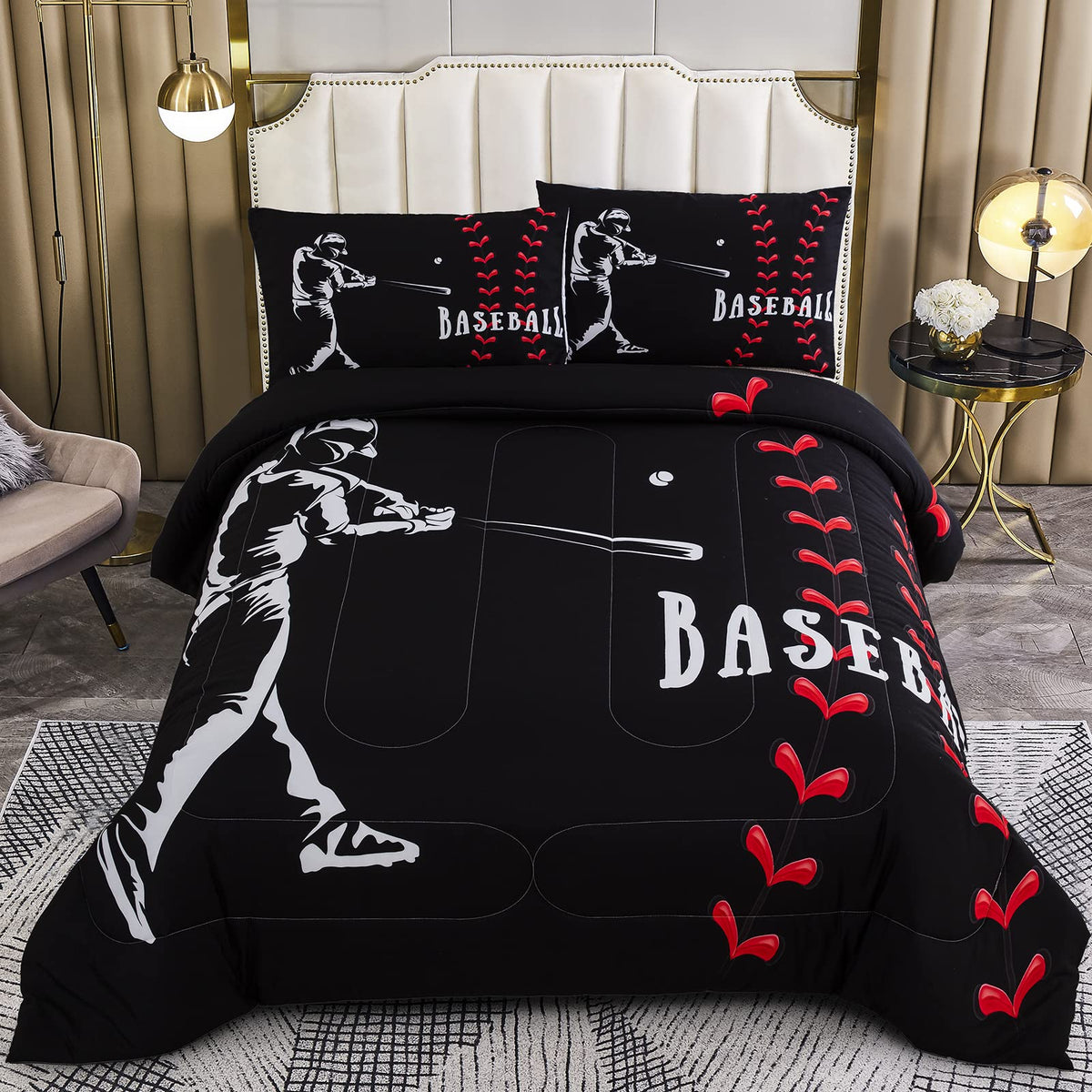 Mwmwmw Baseball Bedding Set Twin, Black Baseball Comforter Sets For Kids Boys, 2 Pcs Ultra Soft Microfiber Baseball Player Blank