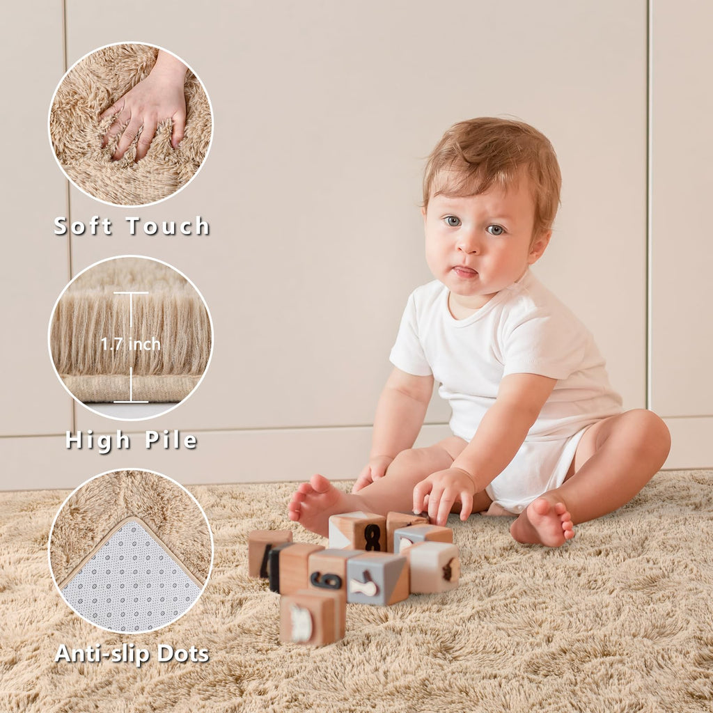 Larhom Soft Area Rugs For Living Room Bedroom, 4X6 Feet Beige Shag Rug Carpet, Plush Fluffy Carpet For Kids Girls Room, Nursery
