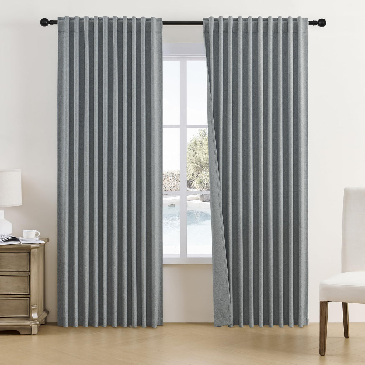 Dualife Dark Grey Curtains 96 Inch Length - Back Tab Pocket Pleated Room Darkening Curtains For Bedroom Living Room,Dining Room,