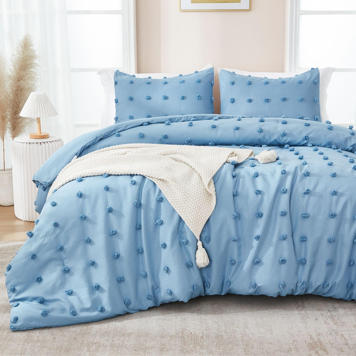 Paxrac Soothing Grayish Blue Comforter Set Queen Size, 3 Pieces Tufted Blue Bed Set, Lightweight Bedding Set, Soft And Fluffy Mi