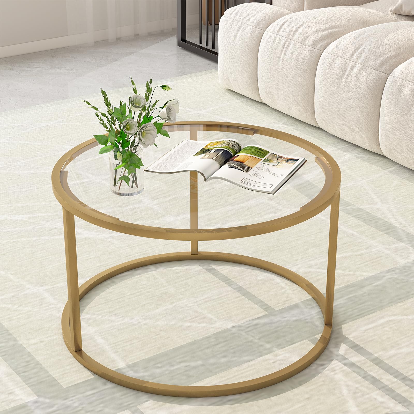 Glass Coffee Table,Round Gold Coffee Table for Small Space,27 Modern Center Table,Glass Top Clear Coffee Table with Sturdy Metal