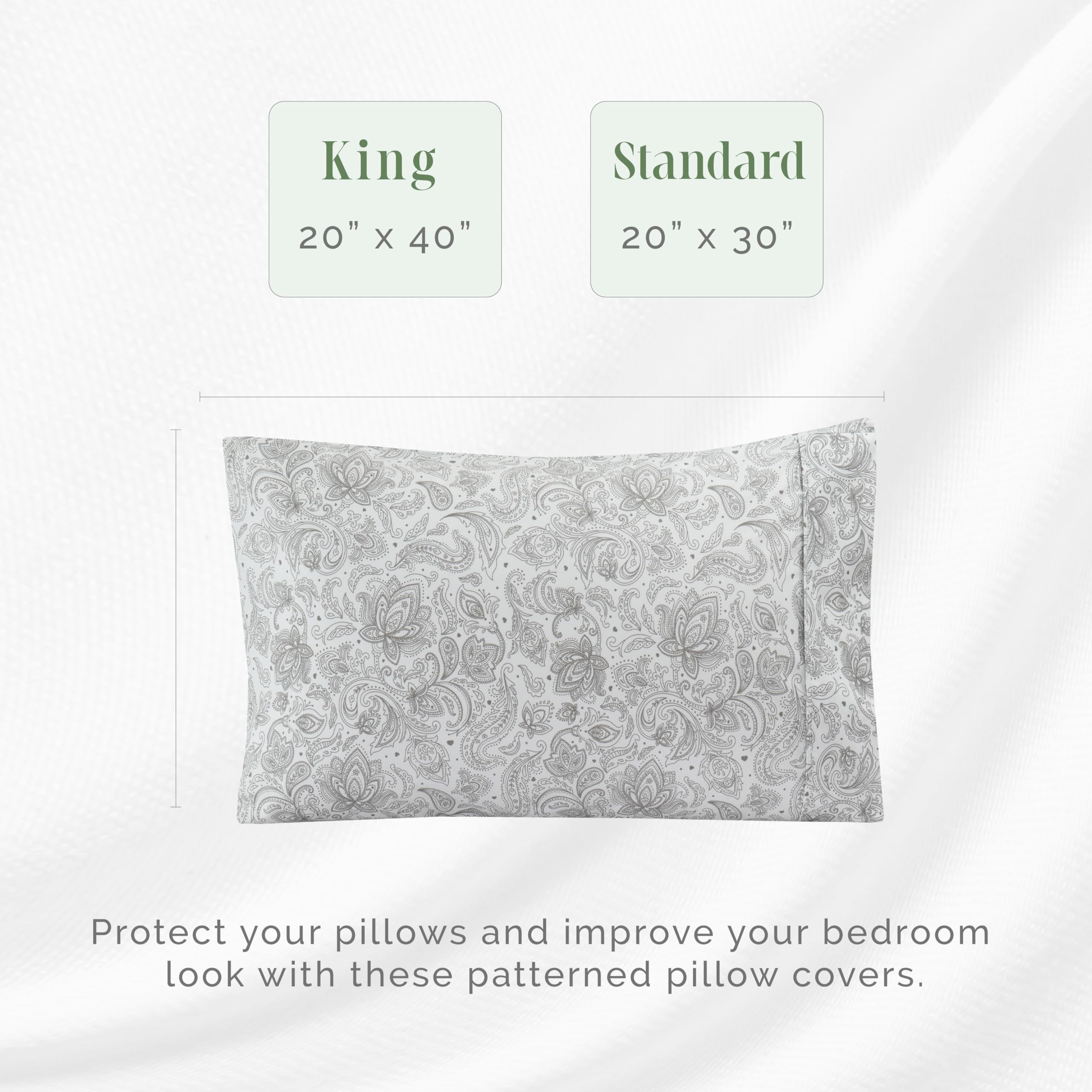 Elegant Comfort Ultra Soft Set Of 2 Floral Print Pillowcases - 1500 Premium Hotel Quality Microfiber, Soft And Smooth Envelope Closure 2-Piece Pillow Covers - King, Paisley Gray