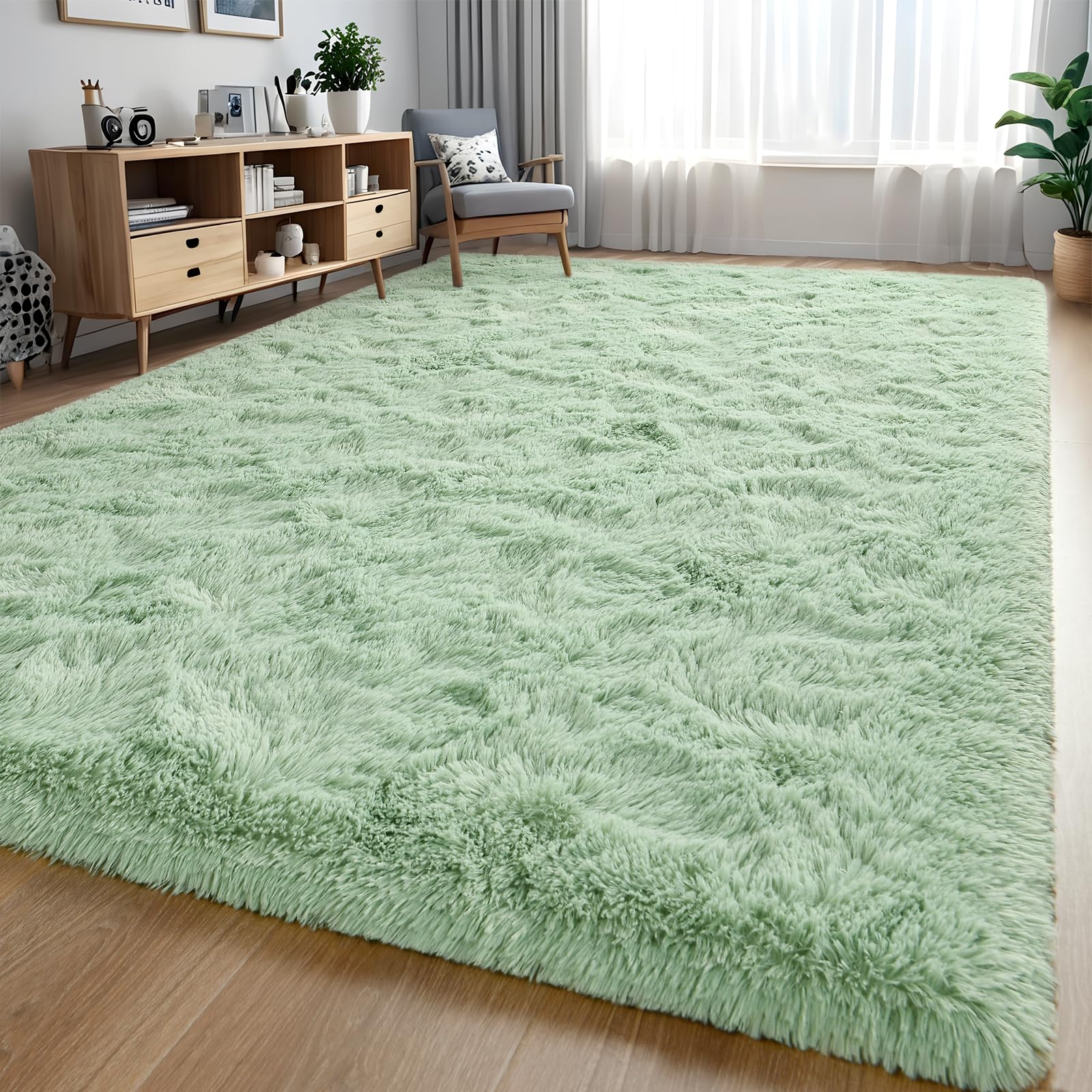 Larhom Fluffy Fuzzy Sage-Green Rugs for Bedroom, 4x6 Feet Soft Non Slip Plush Area Rug for Living Room, Kids Room, Indoor Modern