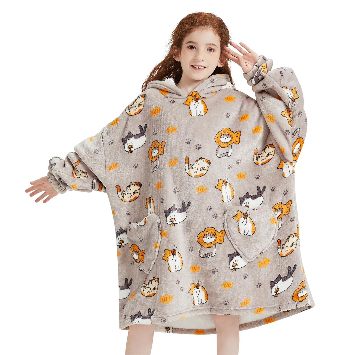 Wearable Blanket Hoodie For Kids Oversized Sherpa Blanket Hoodie For Kids Boys Girls Teens 6-13Yr,Beige Cat