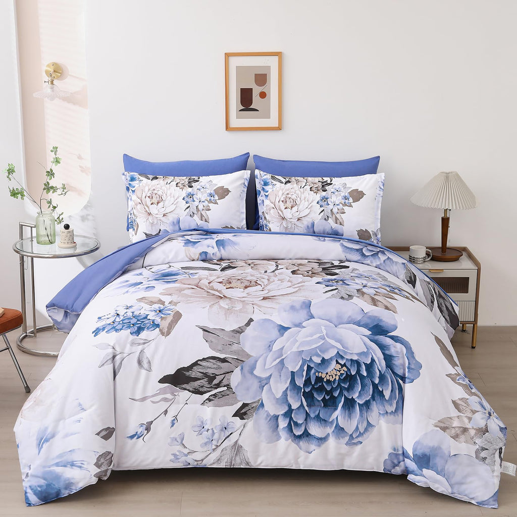 Dintszyayue Blue Comforter Set 7 Pieces Floral Bed in a Bag Queen, Elegant Flower Print Bed Comforter Set, Lightweight Bedding S