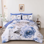 Dintszyayue Blue Comforter Set 7 Pieces Floral Bed in a Bag Queen, Elegant Flower Print Bed Comforter Set, Lightweight Bedding S